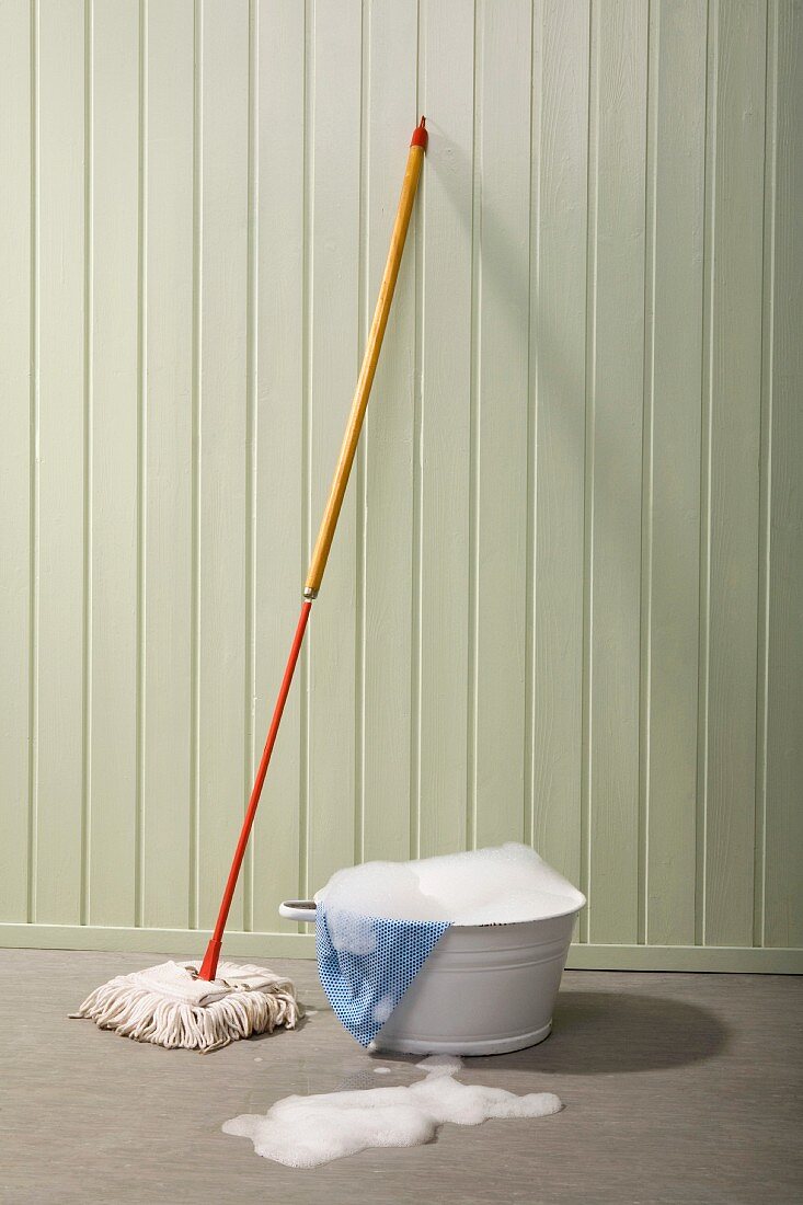 A bucket of soapy water and a mop