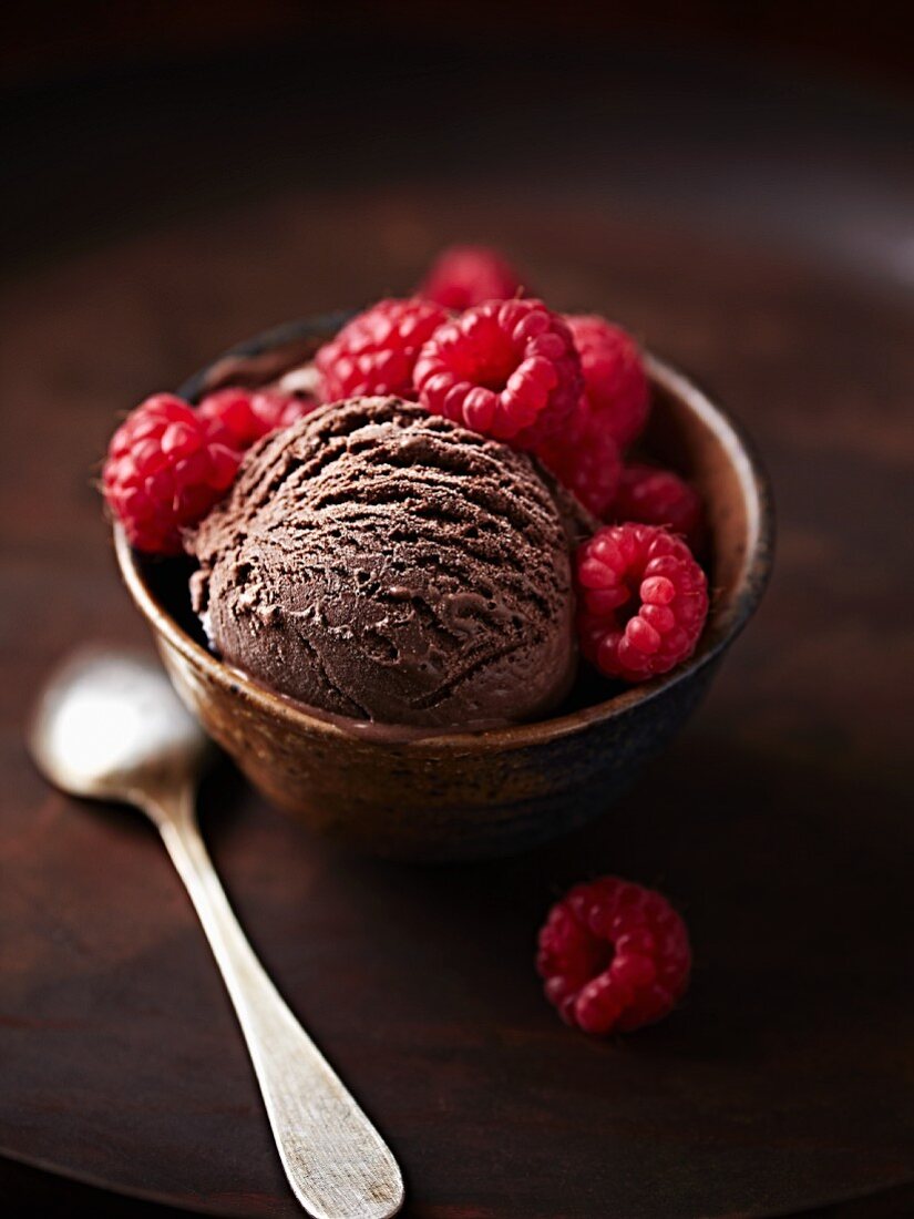 Chocolate ice cream with raspberries