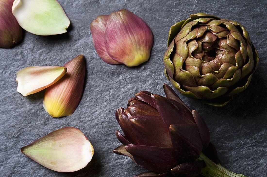 Artichokes and leaves on a slate surface