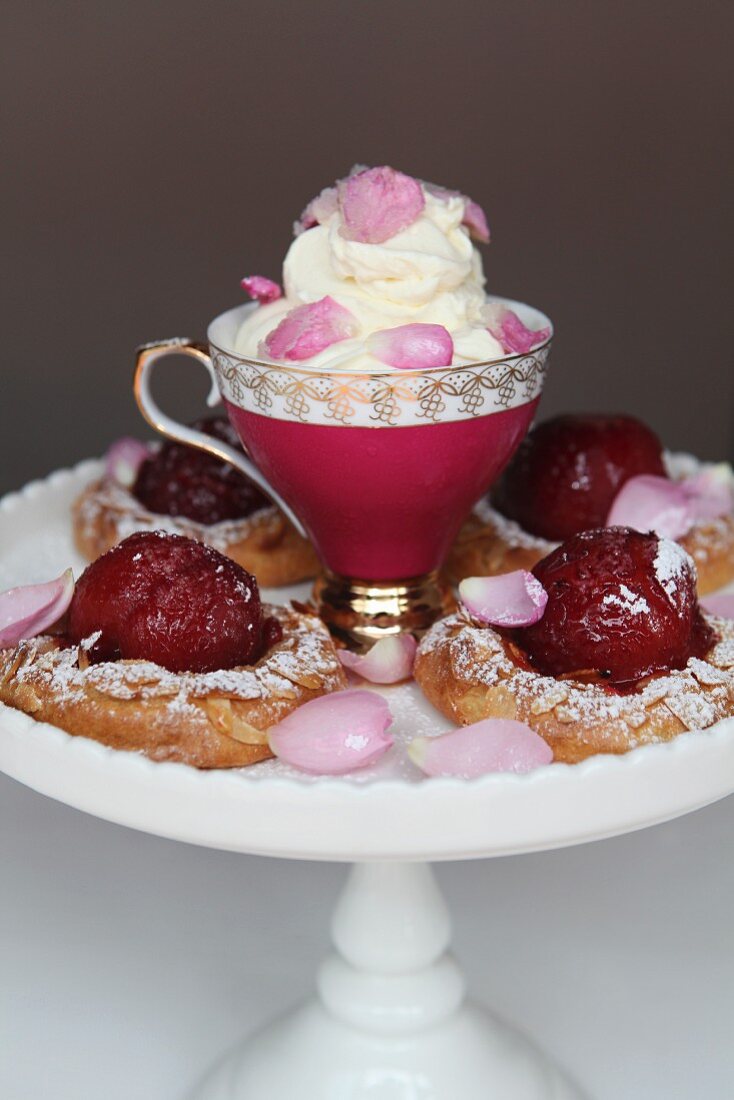 Plum dessert with rose cream