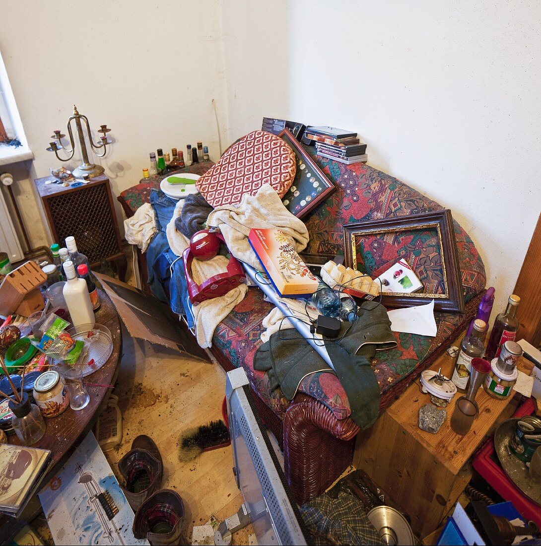 Living room of a person with hoarding disorder