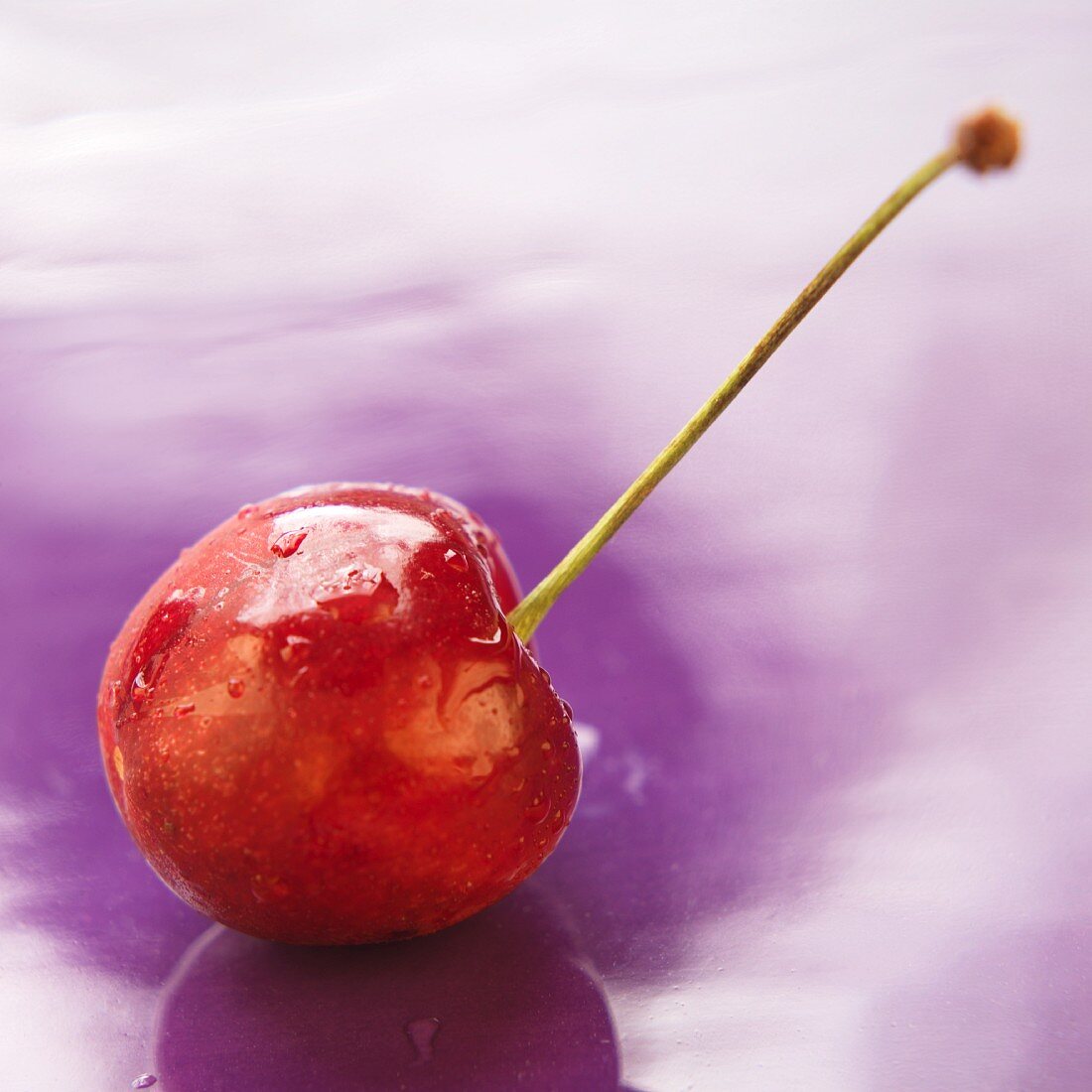 A cherry on a purple surface