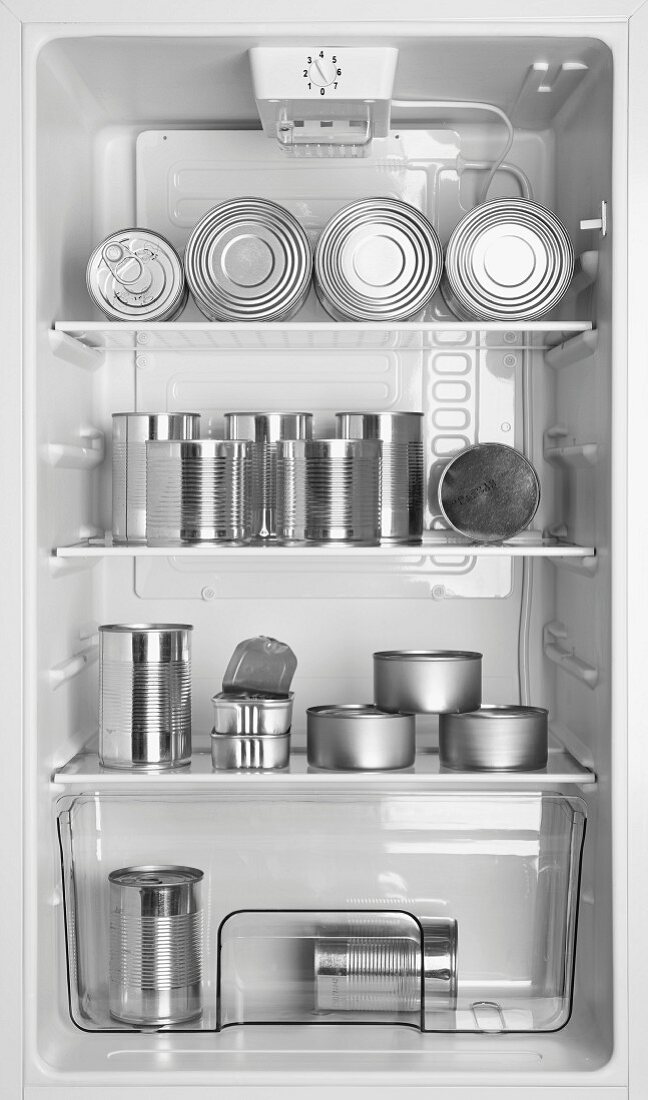 Various tins of food in a open refrigerator