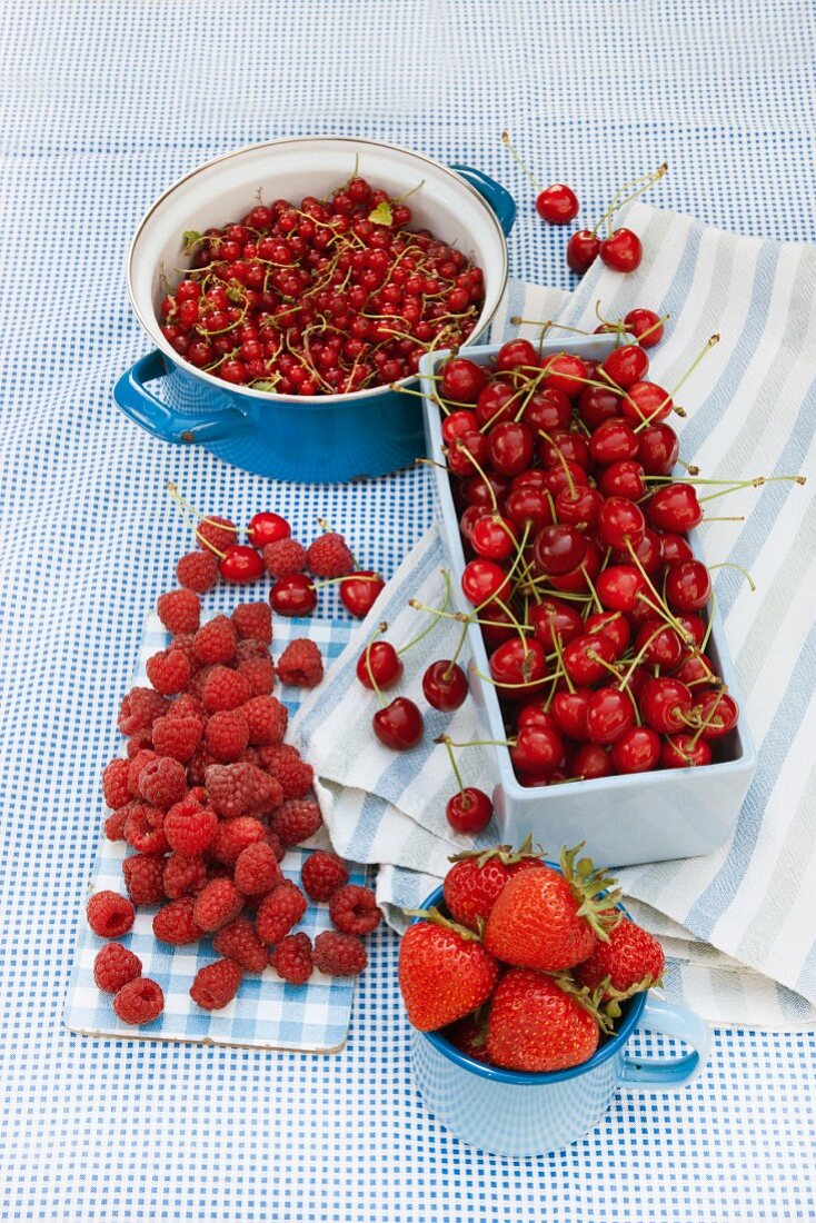 An arrangement of red berries and cherries