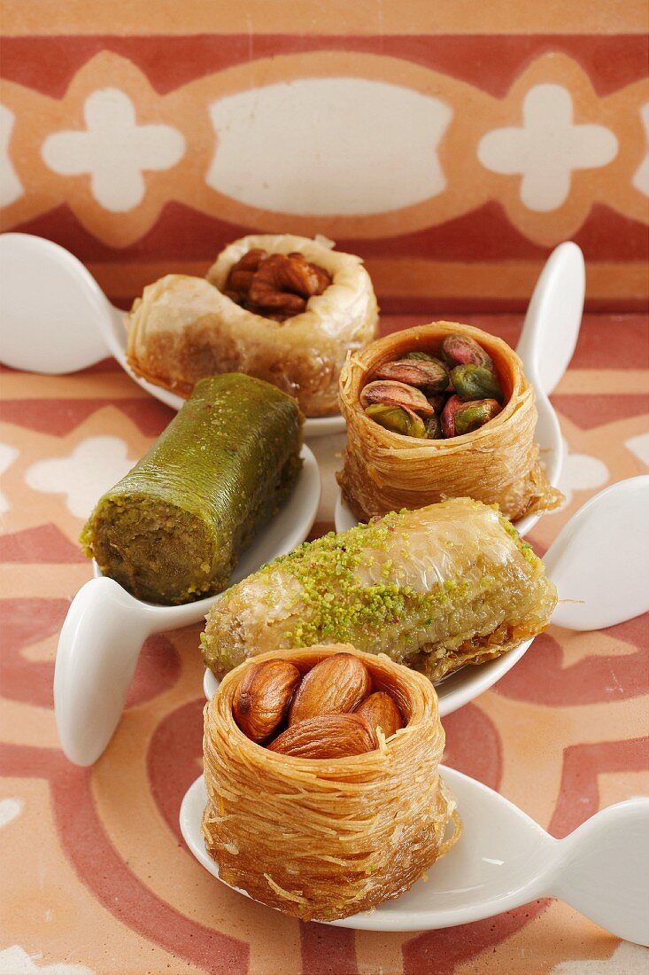 Baklava and Turkish nut cakes on canapé spoons