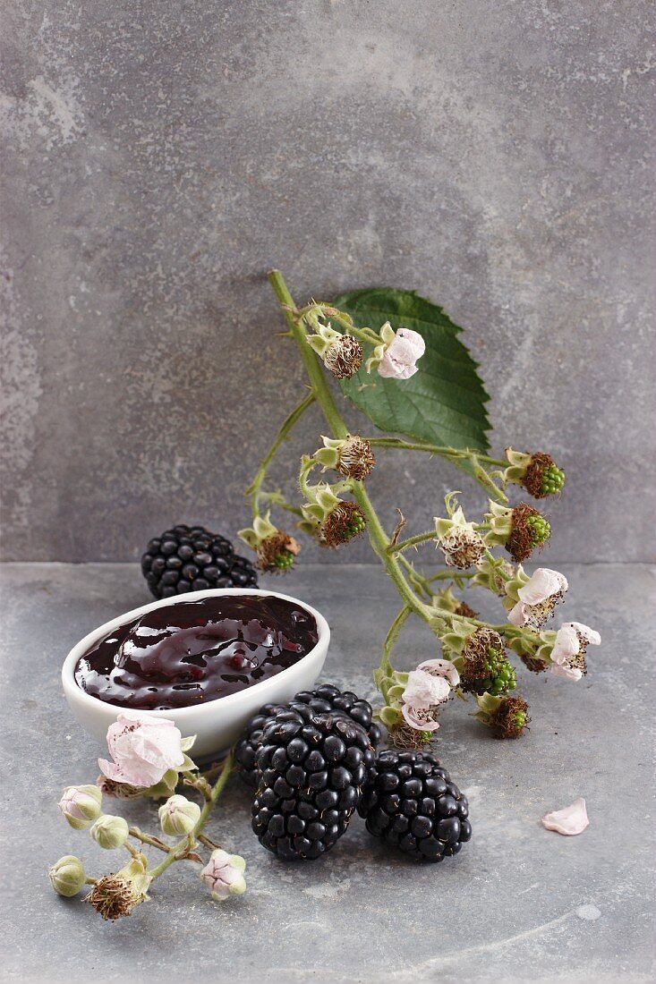 A bowl of blackberry jam, blackberries and blackberry sprig