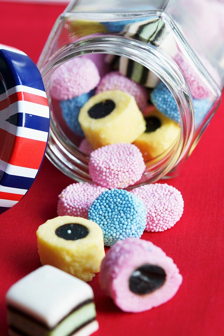 Colourful liquorice from England in a glass jar