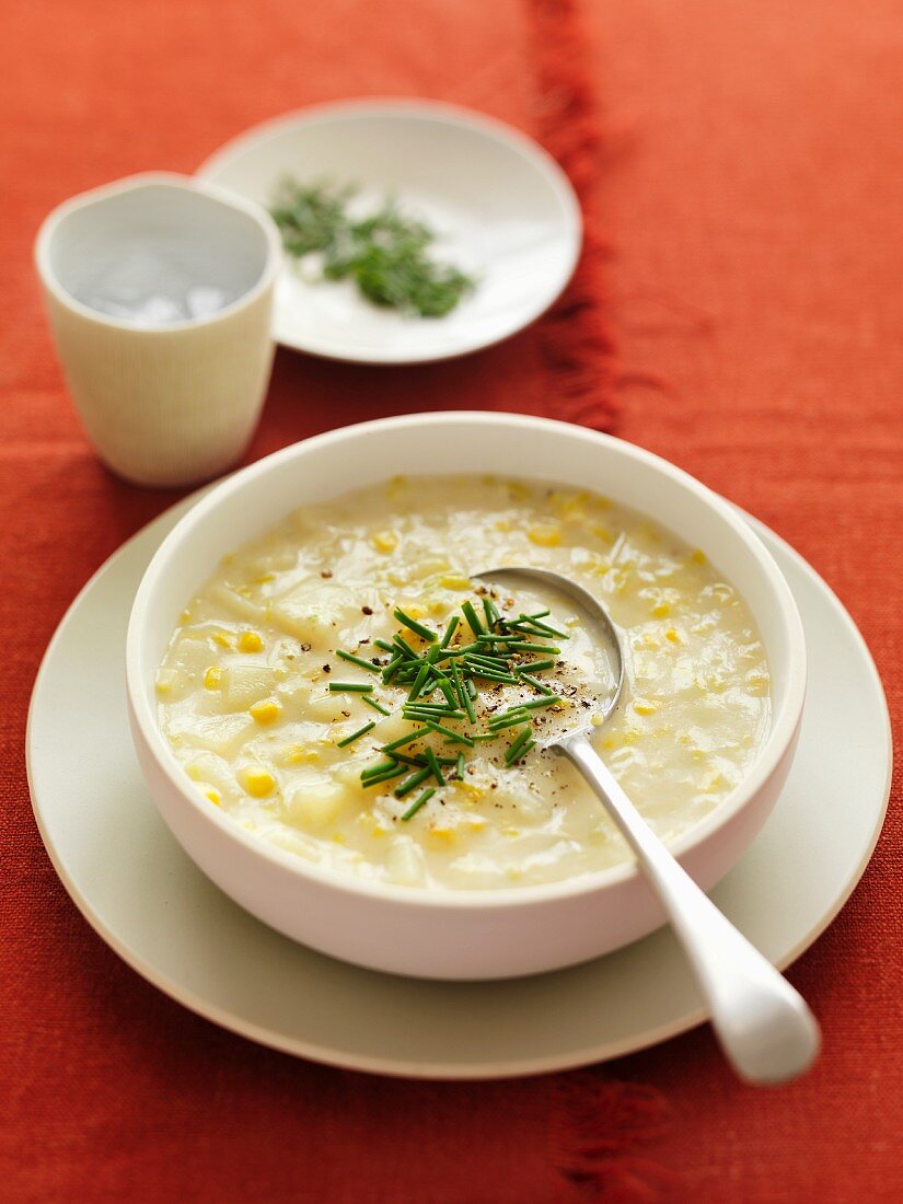 Sweetcorn and potato chowder with chives