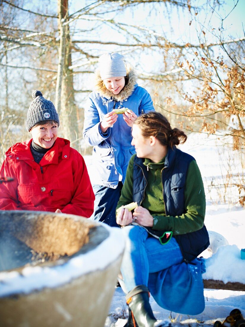 Three women at a winter picnic in Scandinavia