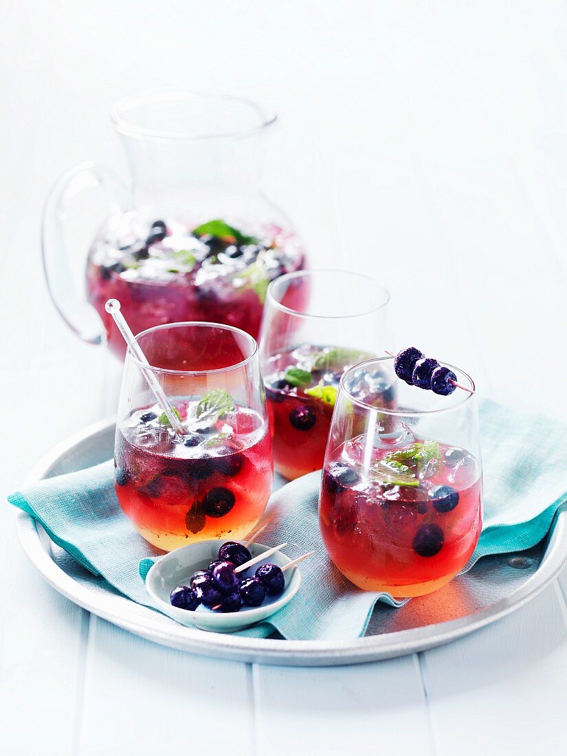 Vodka and blueberry cocktails with mint