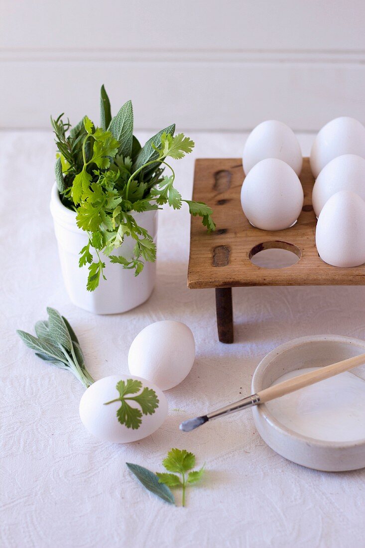 Parsley leaf stuck to egg