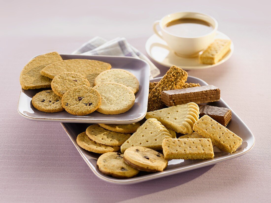 Various biscuits and a cup of tea