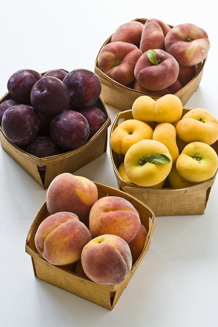Pflaumen und verschiedene Pfirsichsorten in Spanschälchen