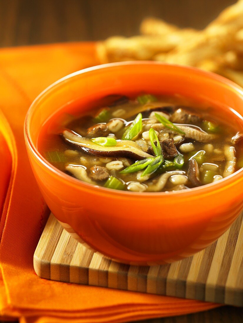 Beef soup with barley and mushrooms