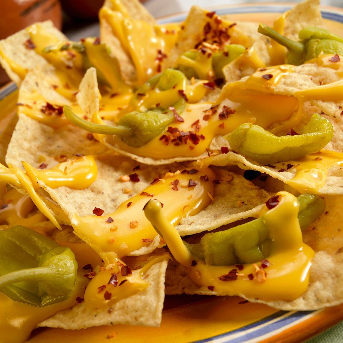 Nachos with Pepperoncinis and Cheese Sauce