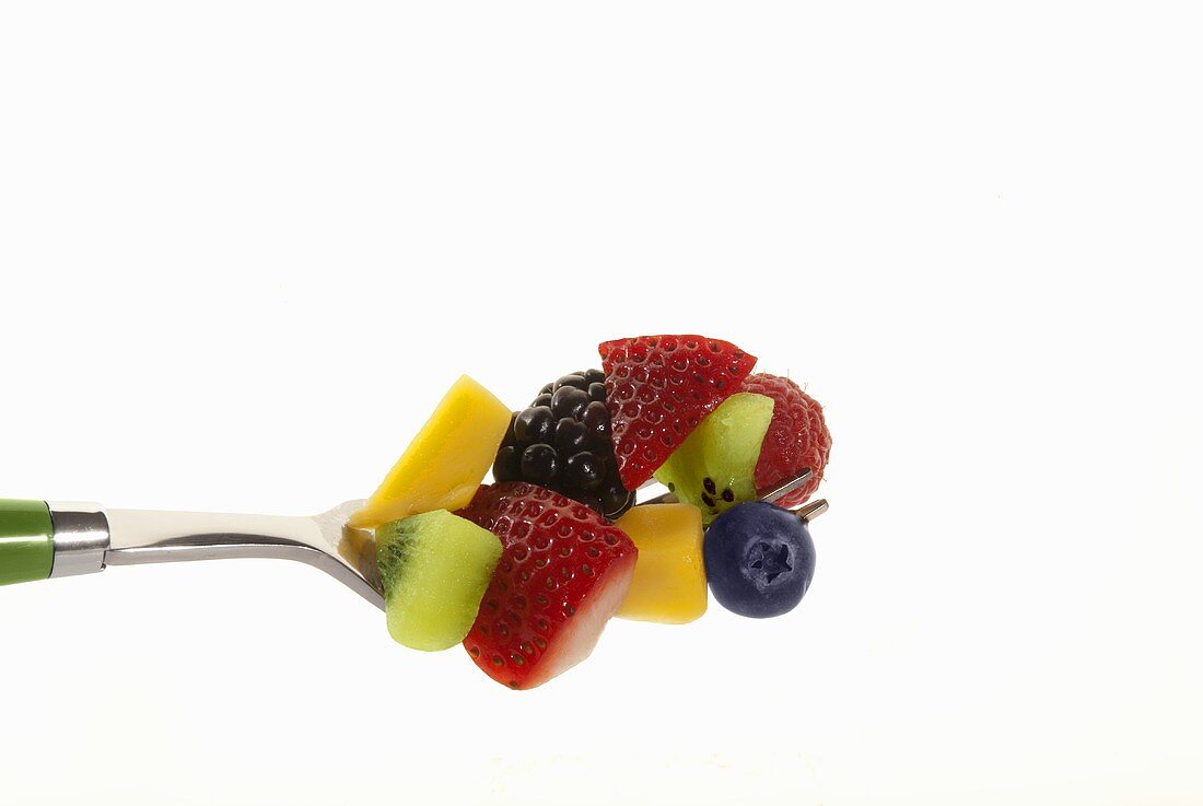Fruit Salad on a Fork; White Background