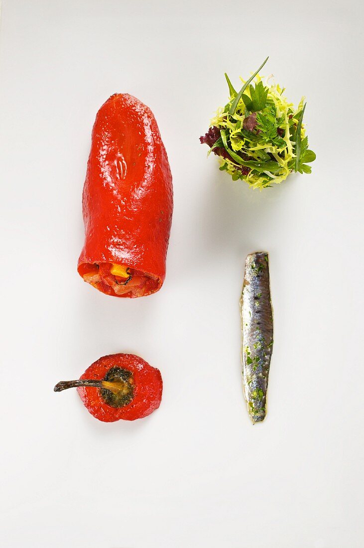 Gefüllter Spitzpaprika mit Sardine und Kräutersalat