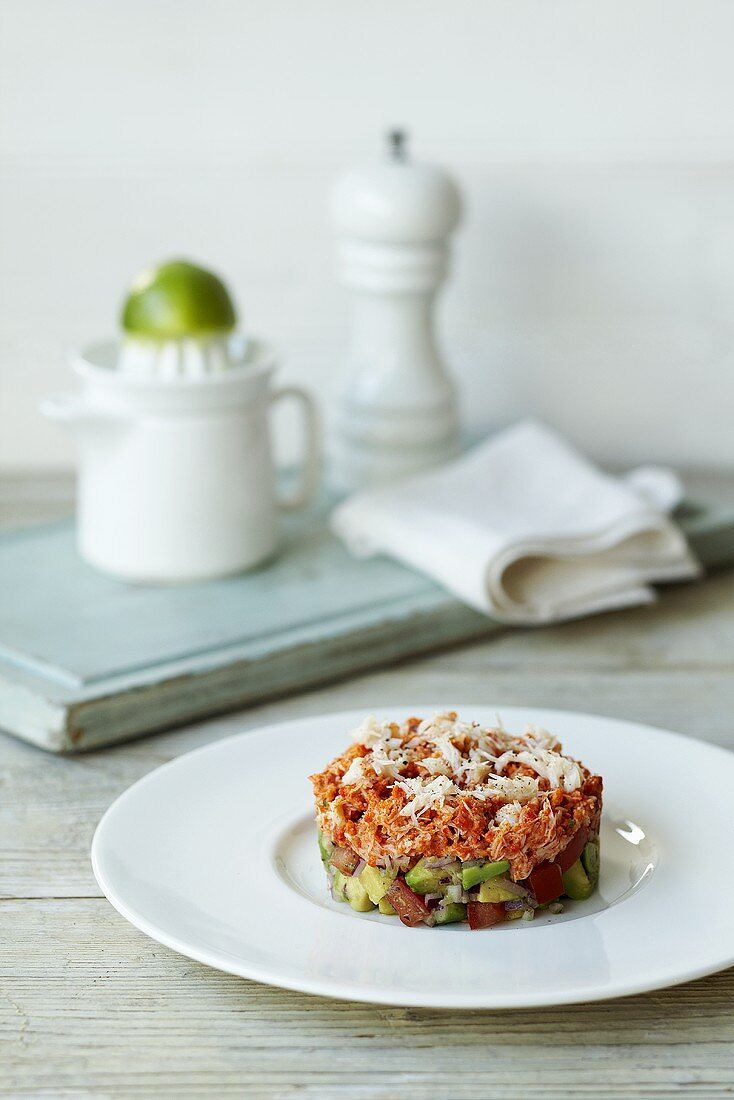 Crab timbale with avocado and tomatoes