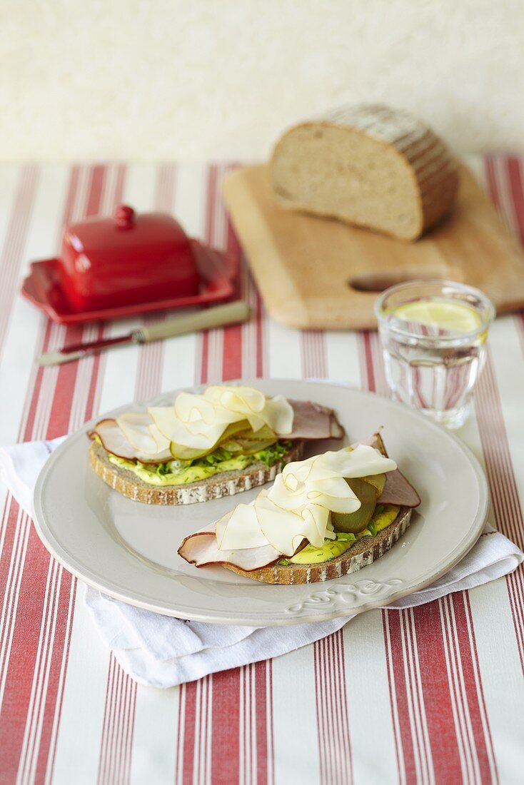 Belegte Brotscheiben mit Senf, Kochschinken & Käse