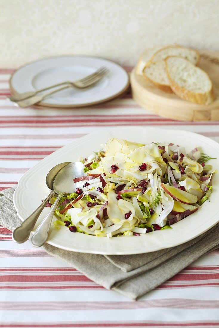 An apple, fennel, pomegranate seed and cheese salad