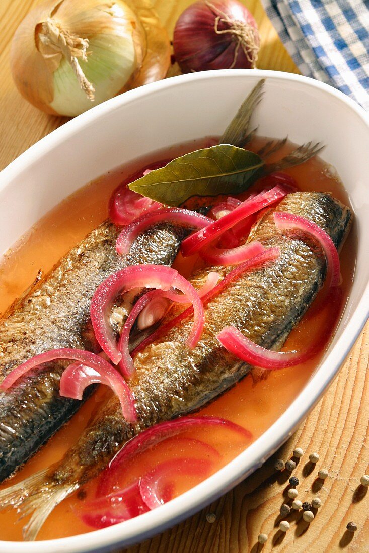 Fried herring in vinegar marinade with red onions