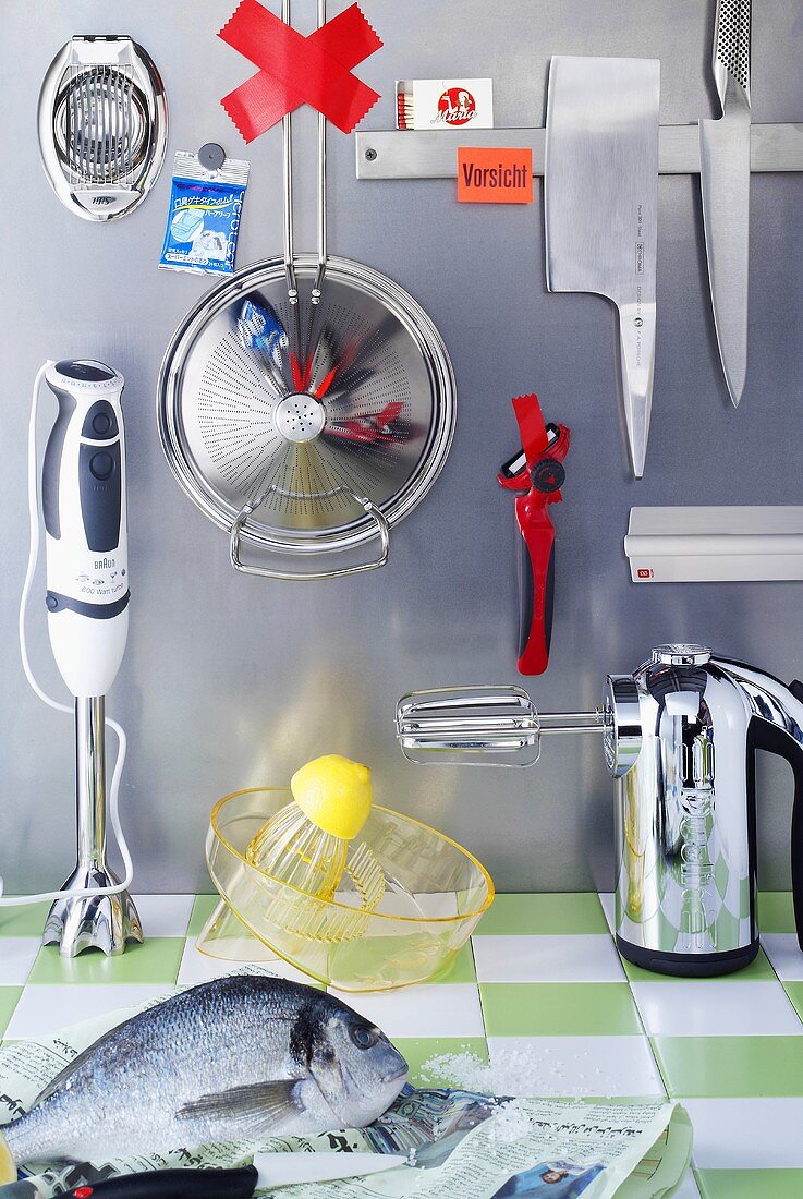 Verschiedene Küchenwerkzeuge, -geräte (mechanisch, elektrisch) und Fisch