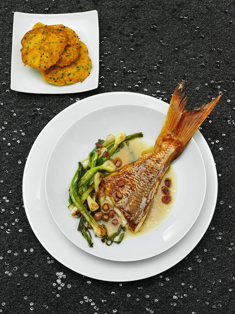 Oriental style snapper and lentil cakes