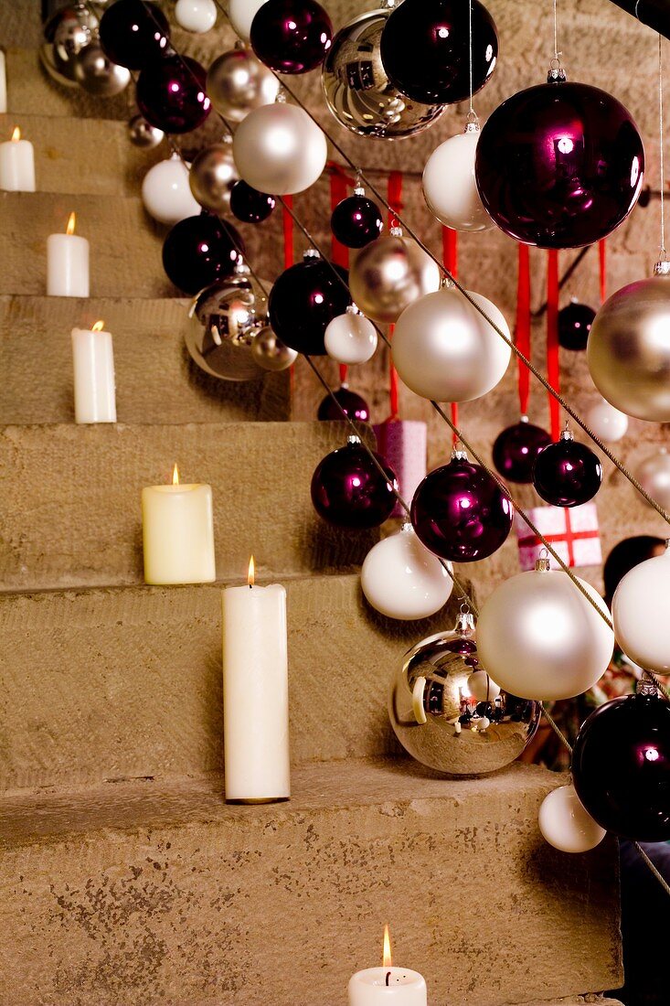 A flight of stairs decorated for Christmas