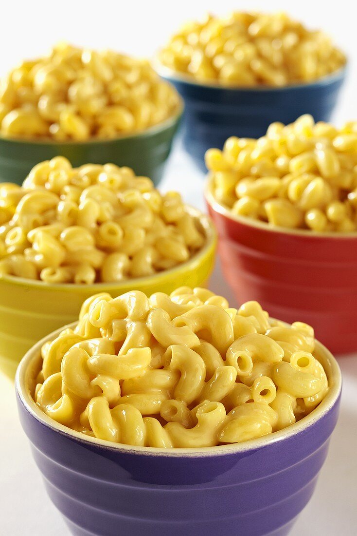 Colorful Bowls of Macaroni and Cheese