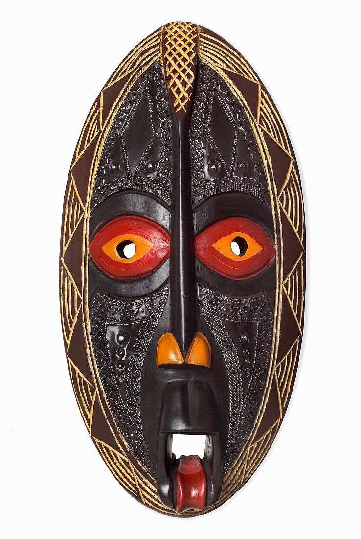 Painted Wooden African Mask; White Background