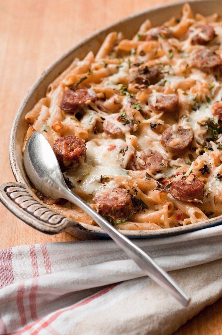 Mediterranean-Style Mac and Cheese with Spicy Italian Sausage, Whole-Wheat Penne, Sun-Dried Tomatoes and Asiago Cheese