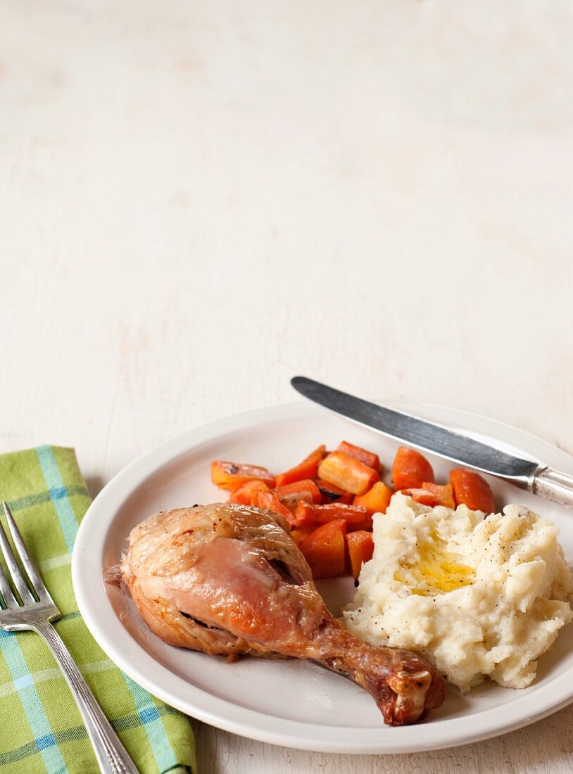 Roast Chicken Leg with Roast Carrots and Mashed Potatoes with Butter