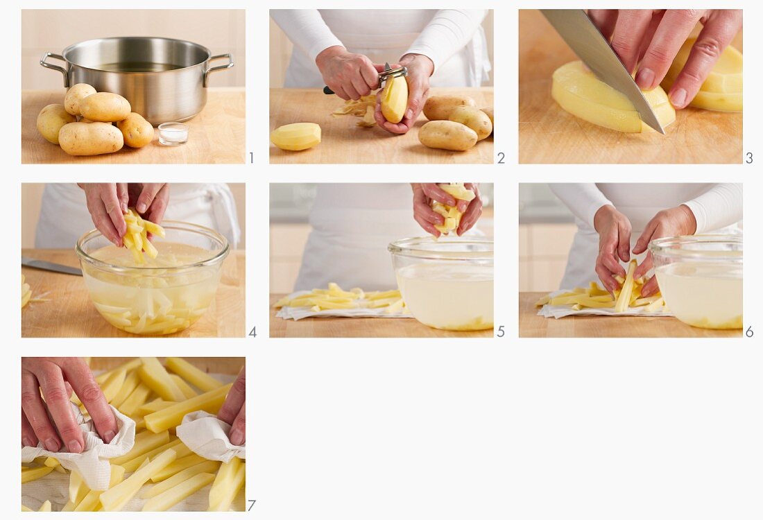 Potatoes being peeled, washed and sliced