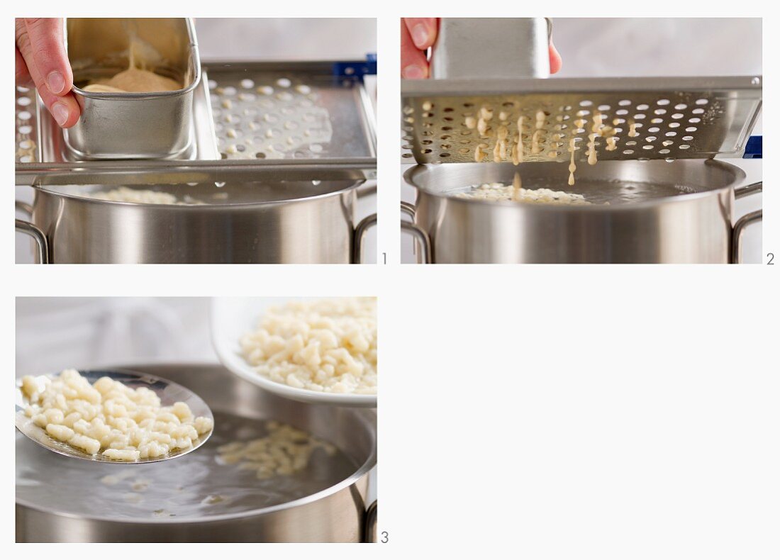 Grated Spätzle (soft egg noodles from Swabia) being boiled