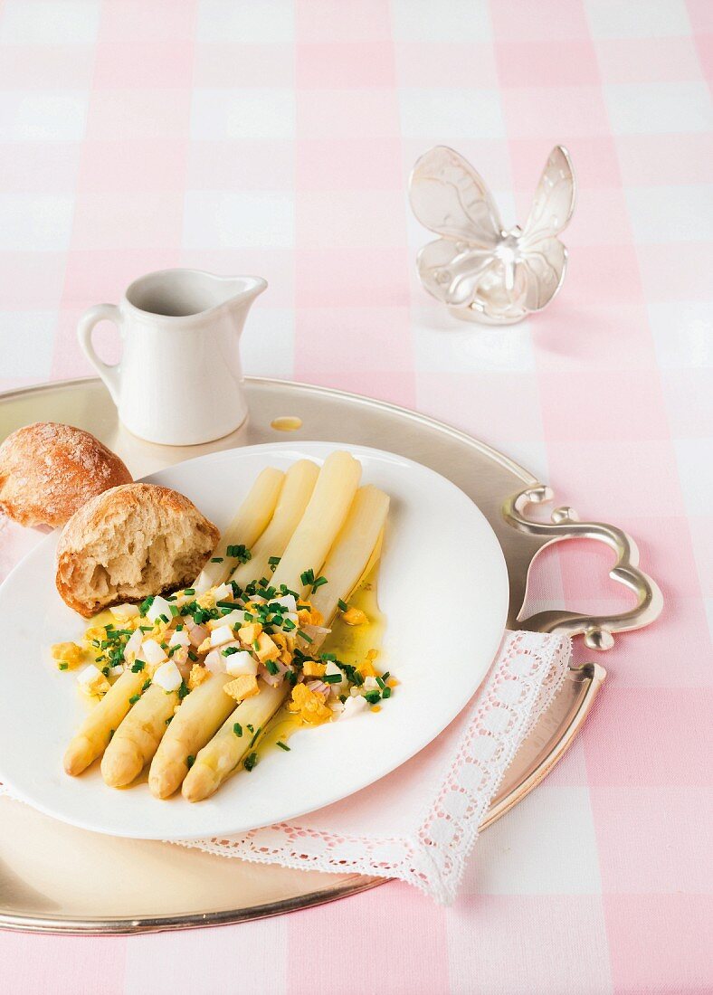 White asparagus with an egg and chive vinaigrette
