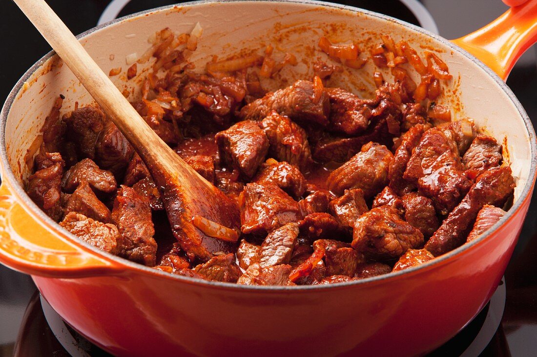 Beef goulash being made