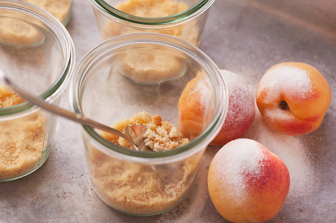 Biscuit crumbs and sugared apricots