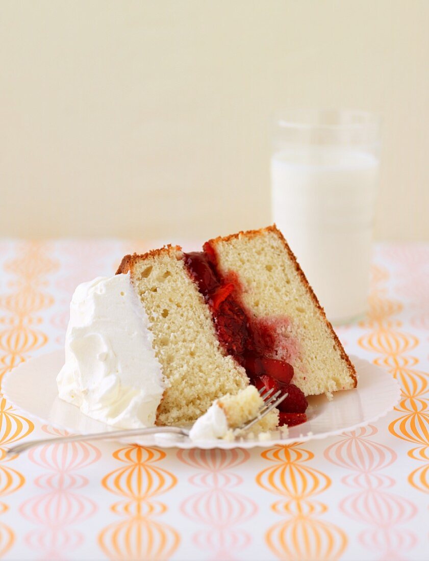 A slice of sponge cake with strawberry and raspberry filling