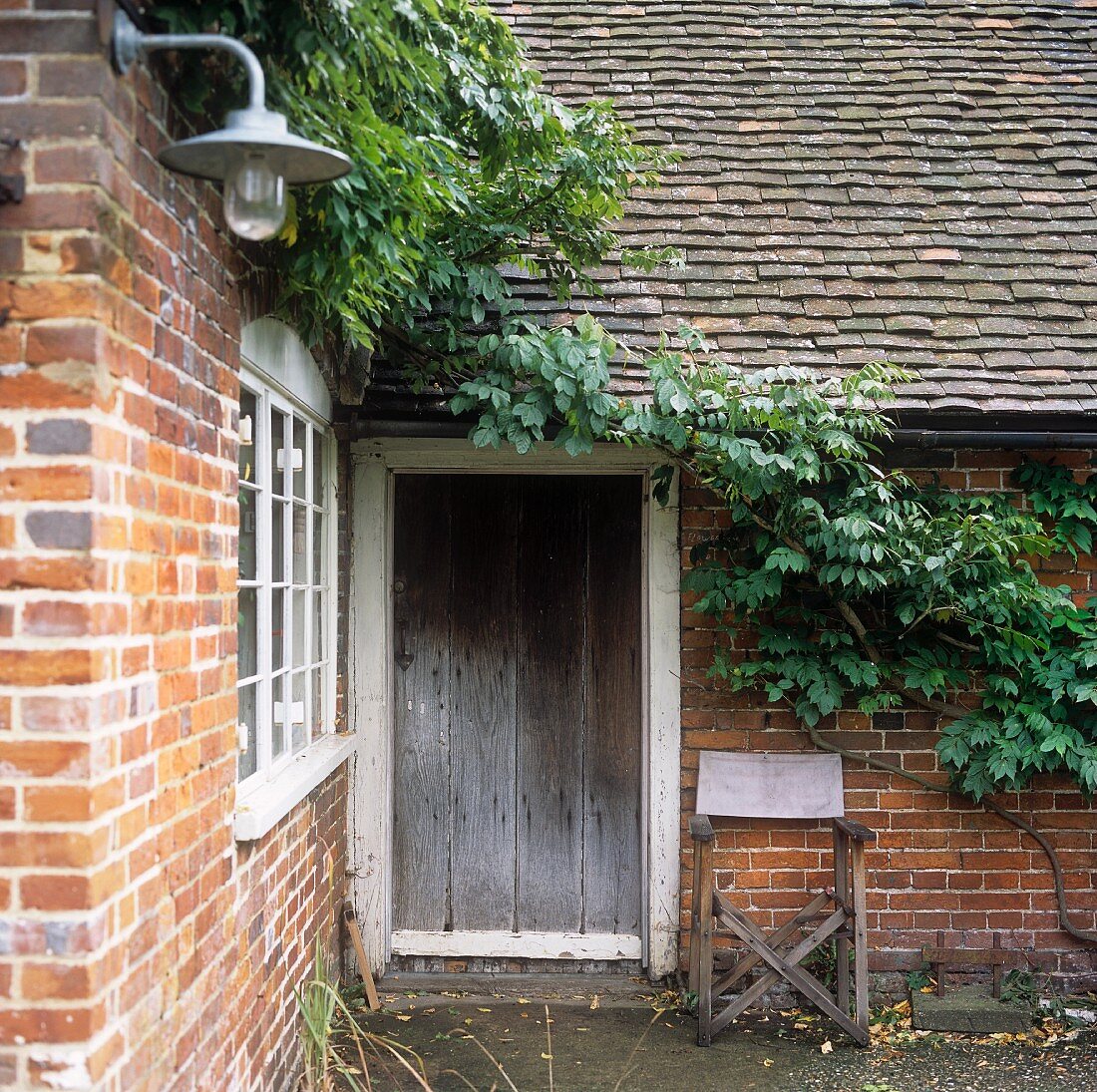 A rustic brick house