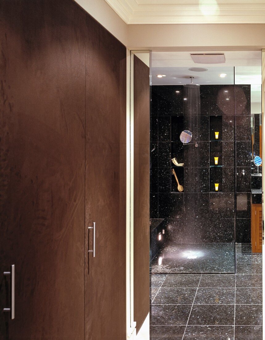 Modern bathroom with black speckled tiles and reflections in glass partition of floor-level shower