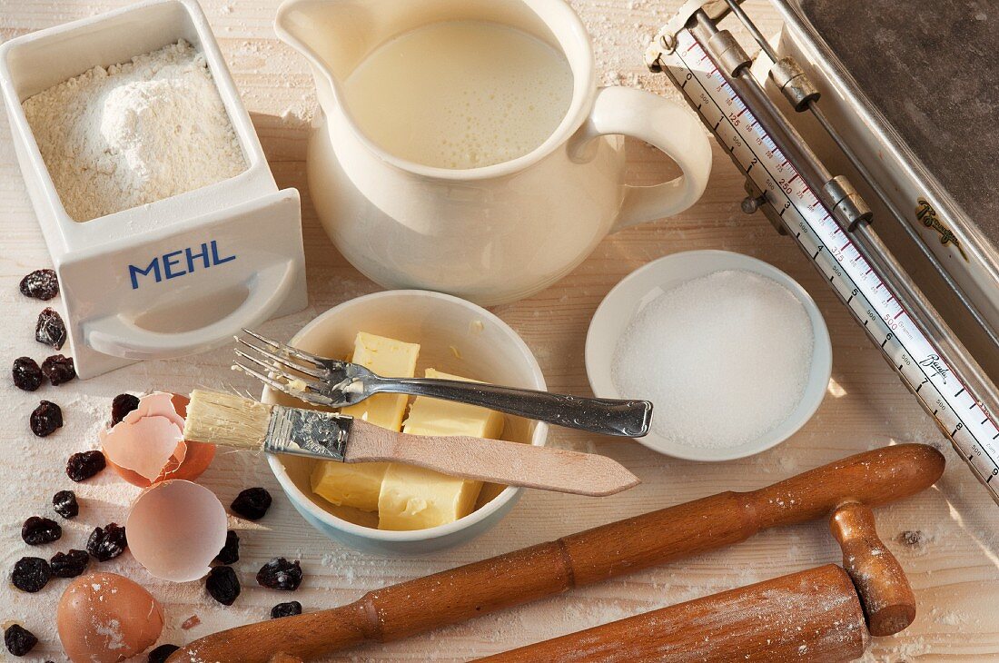 An arrangement of baking utensils and baking ingredients