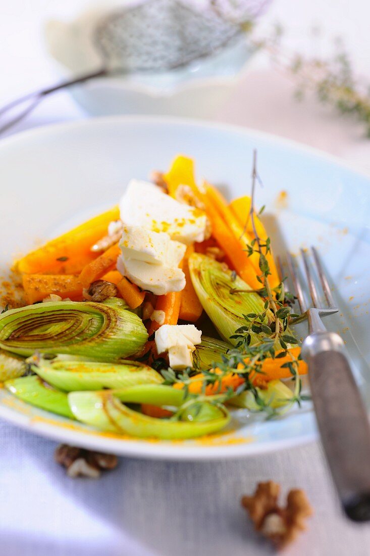 A pumpkin and leek medley with walnuts and goat's cheese