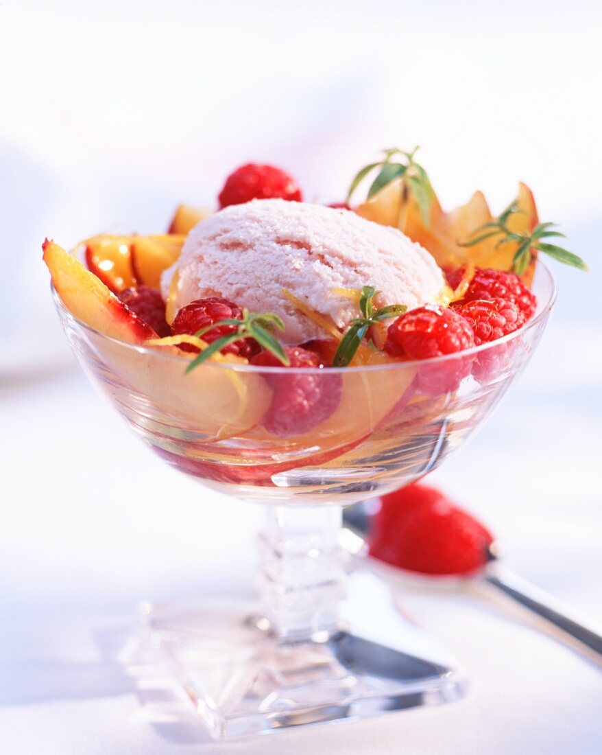 Raspberry ice cream with fresh raspberries and nectarines