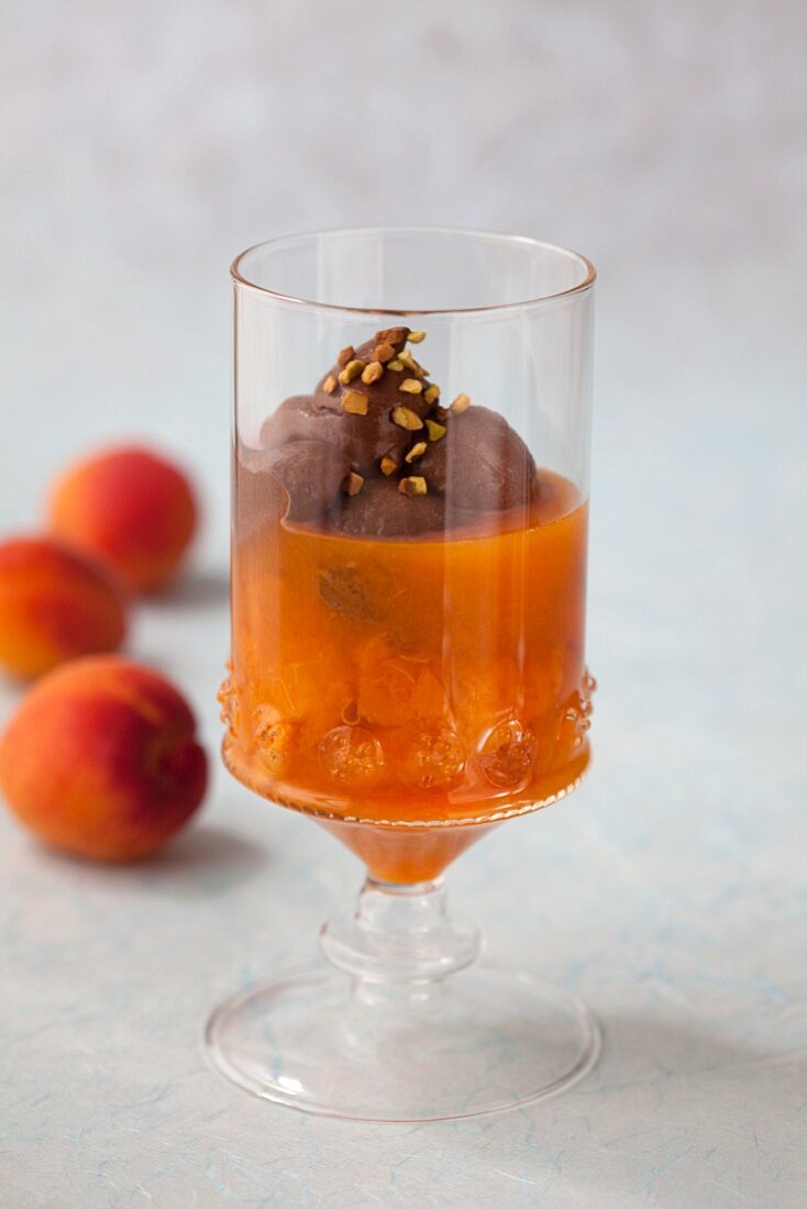 Mousse au chocolat with apricots compote