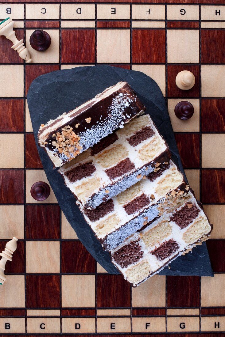 A chessboard cake seen from above