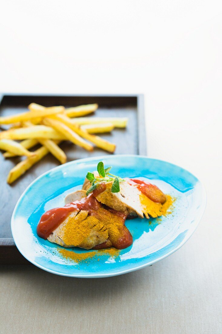 Curried horse sausage with chips