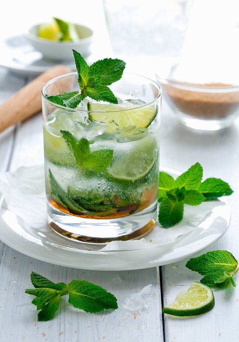 A mojito with rum, brown sugar and mint