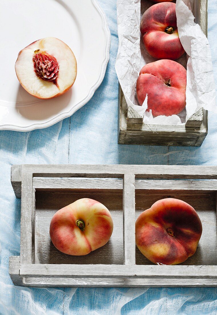 Vineyard peaches in wooden boxes