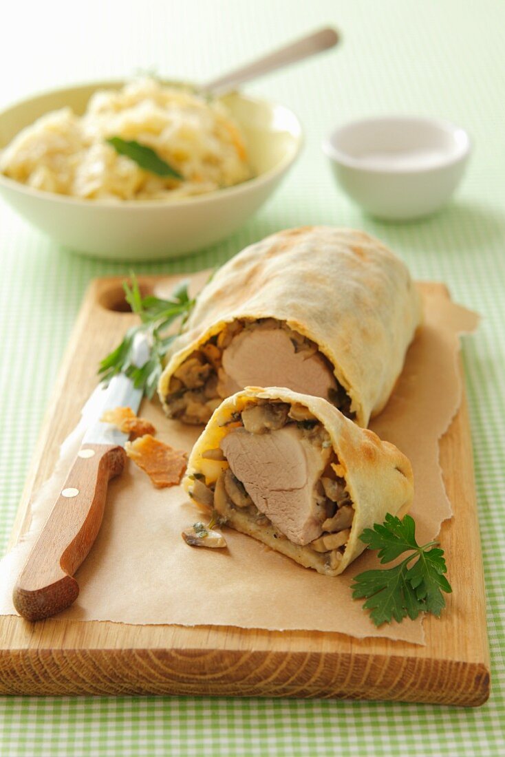 Pork fillet and mushrooms wrapped in puff pastry
