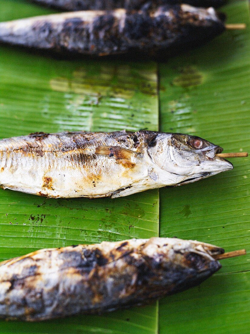 Grilled fish on a banana leaf